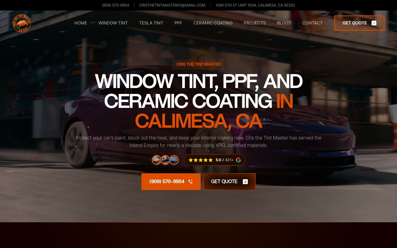 Homepage of Cris The Tint Master | XPEL Window Tint & Paint Protection Film's website