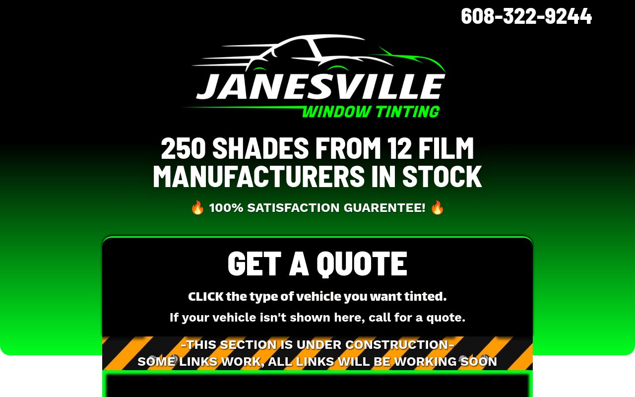 Homepage of Janesville Window Tinting's website