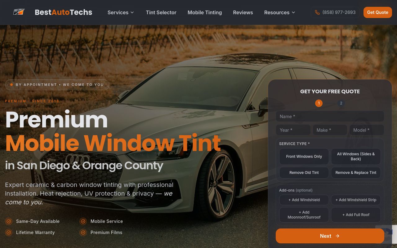 Homepage of Best Auto Tinting's website