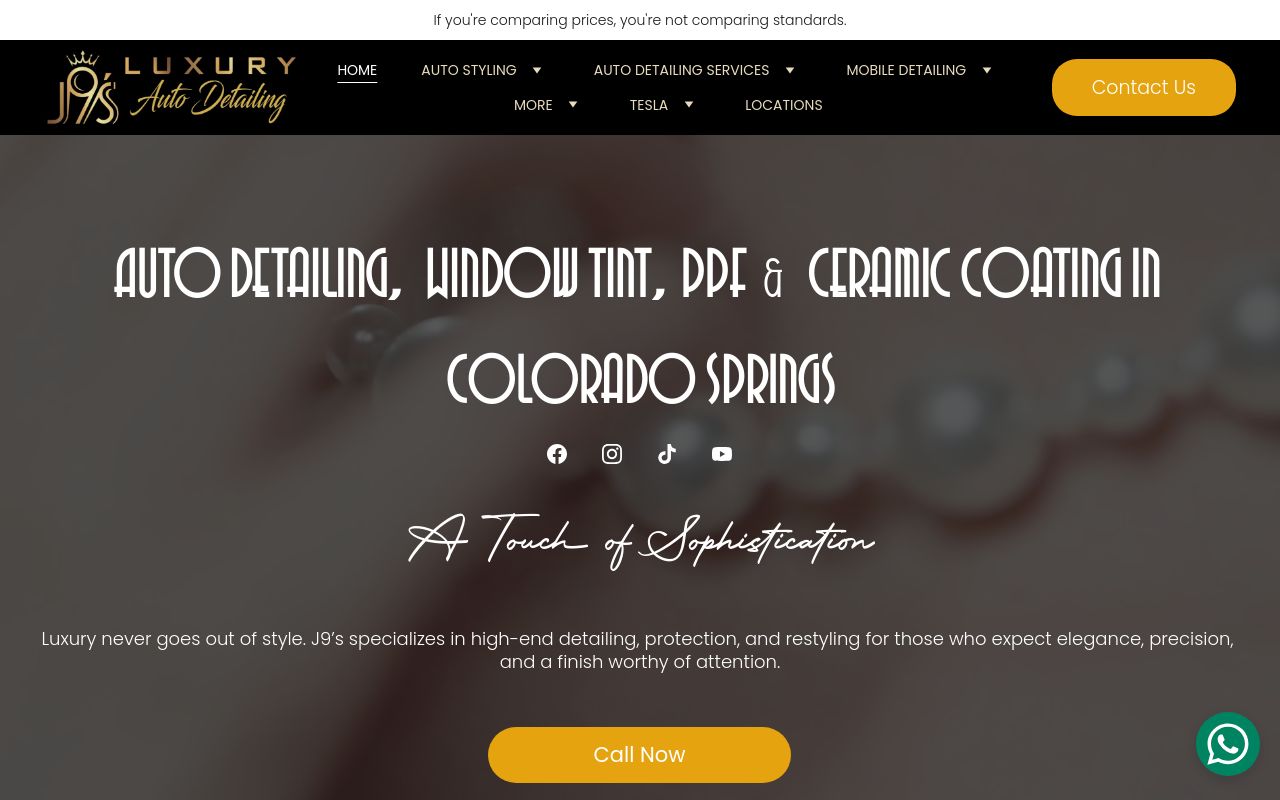 Homepage of J9's Luxury Auto Detailing Colorado Springs - Ceramic Coatings, Clear Bra PPF, Vinyl Wrap, Tint's website