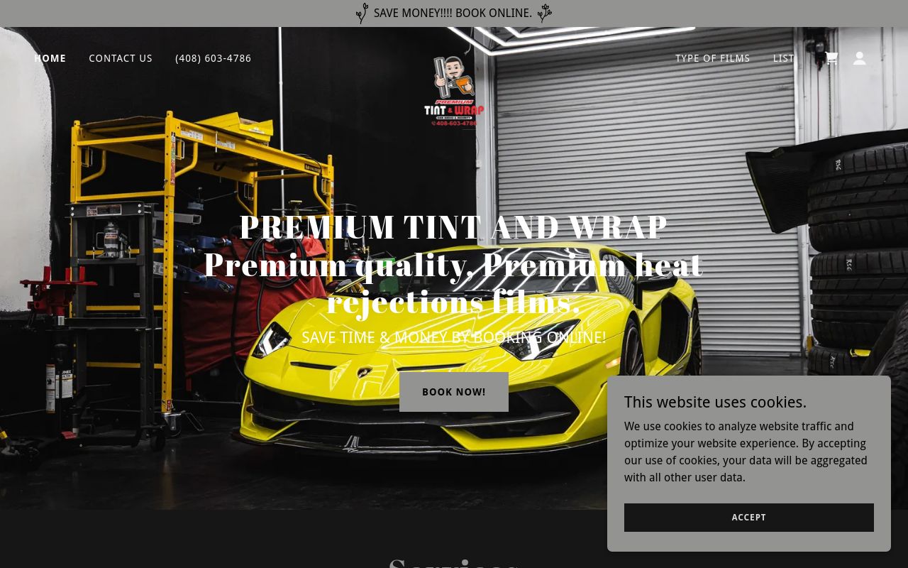 Homepage of Premium Tint & Wrap's website
