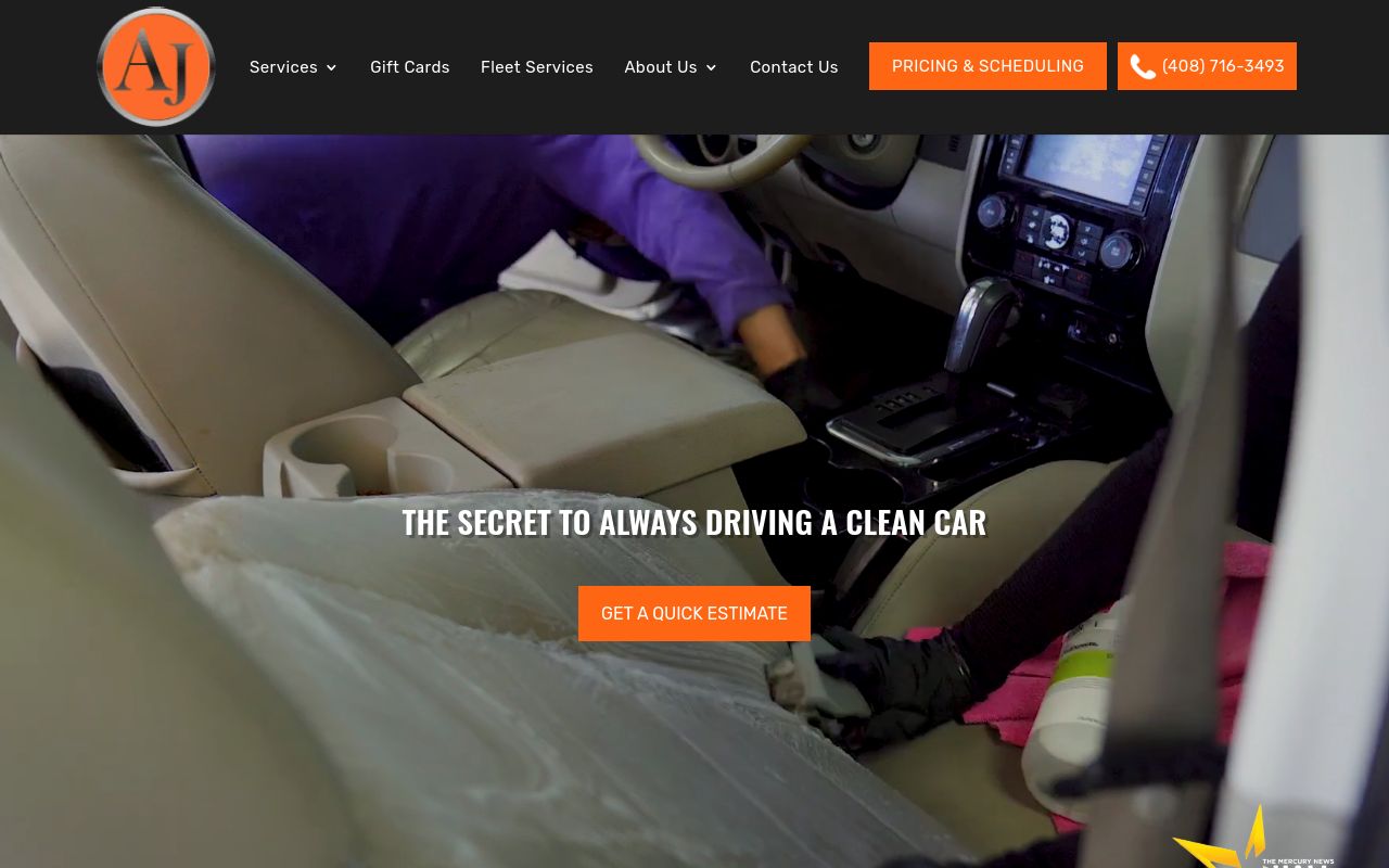 Homepage of AJ Professional Detailing & Hand Car Wash in San Jose's website