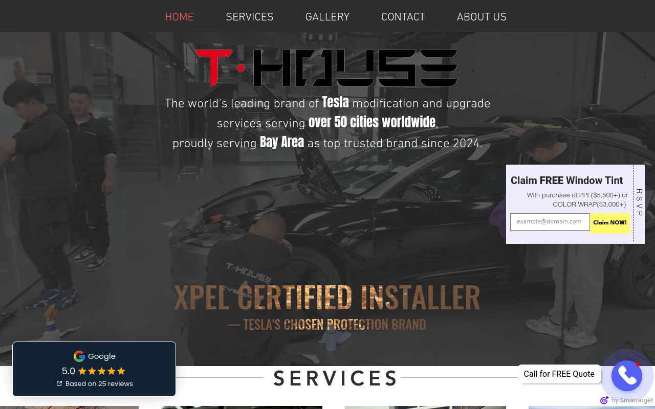 Homepage of T-House Wraps& Window Tint's website