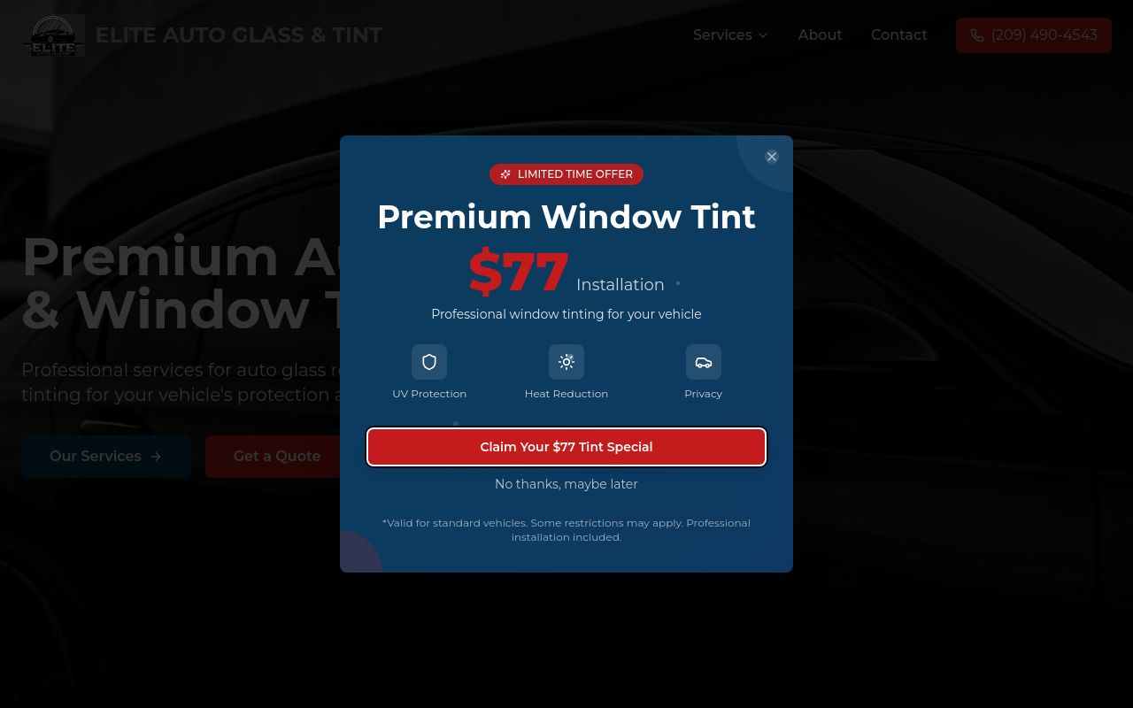 Homepage of Elite Auto Glass & Tint Stockton's website