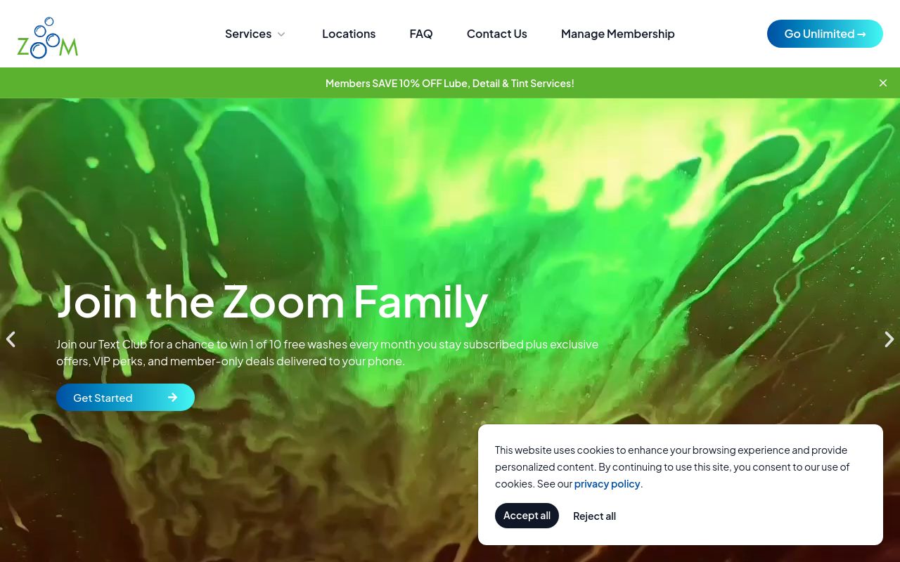 Homepage of Zoom Car Wash, Lube, Detail & Tint's website