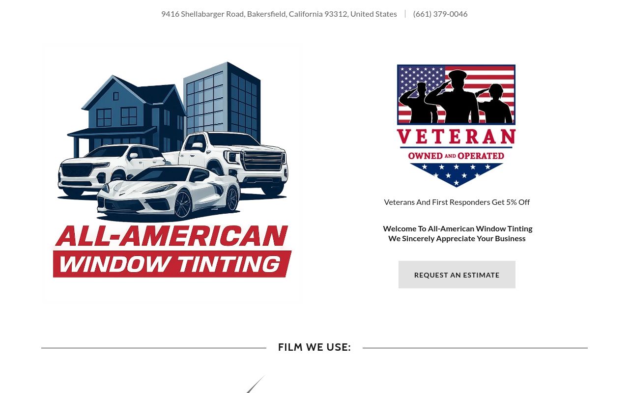 Homepage of All American Window Tinting's website