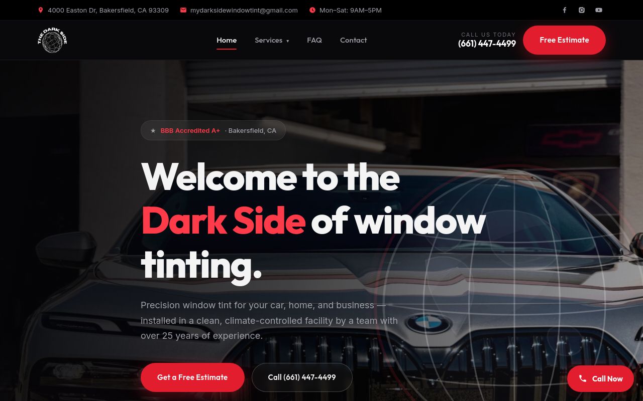Homepage of The Dark Side Window Tinting's website