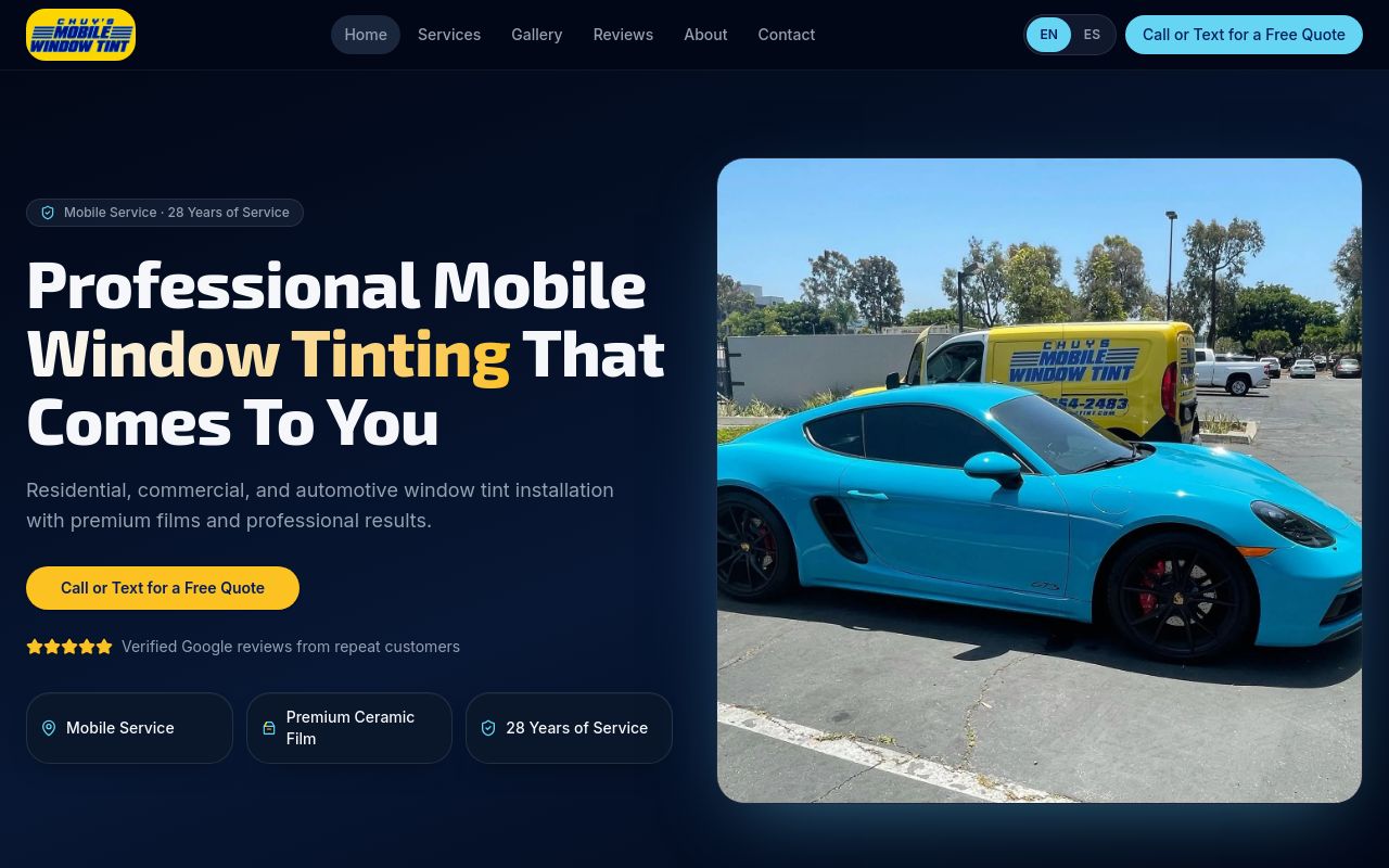Homepage of Chuys Mobile Window Tint's website