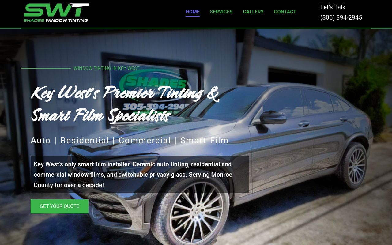 Homepage of Shades Window Tinting's website