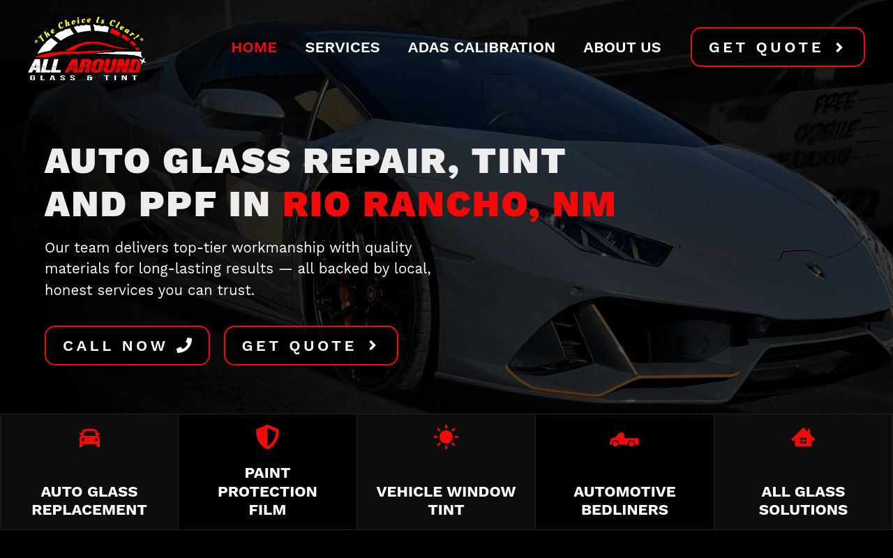 Homepage of All Around Glass & Tint's website