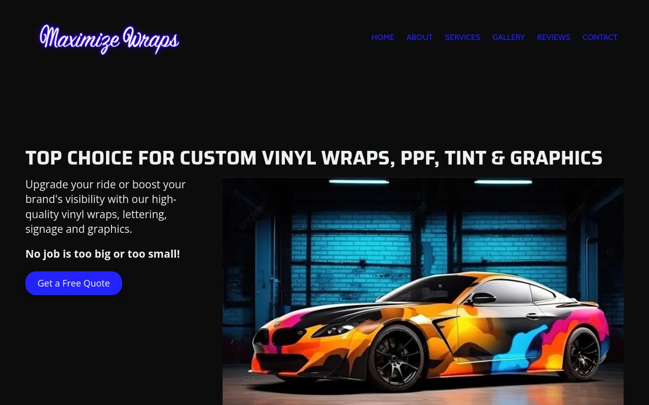 Homepage of Maximize Wraps's website