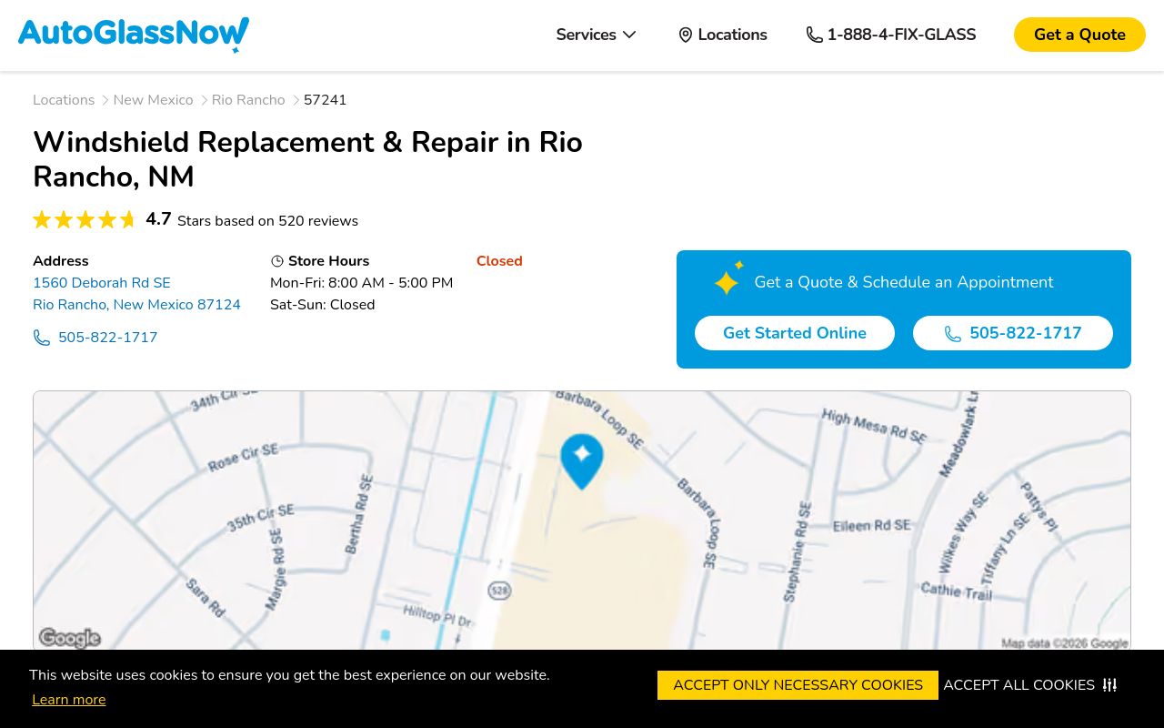 Homepage of Auto Glass Now's website