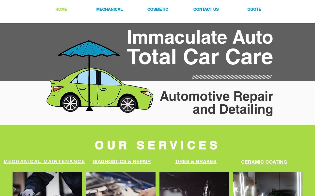 Homepage of Immaculate Auto Total Car Care's website