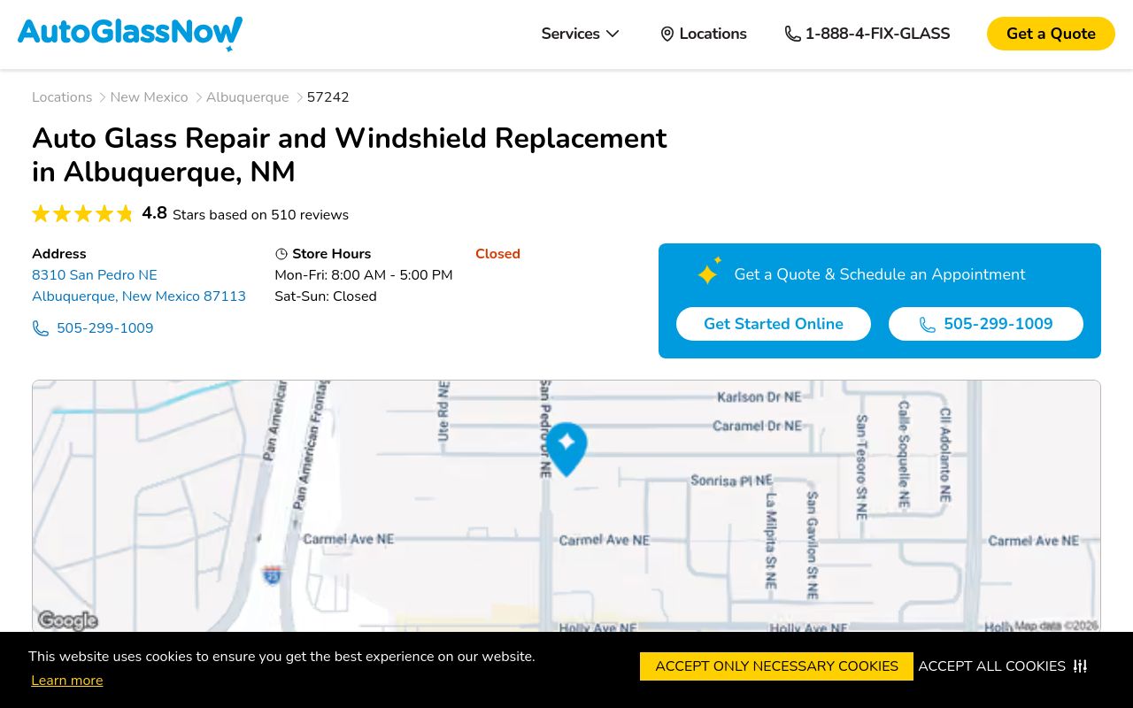Homepage of Auto Glass Now's website