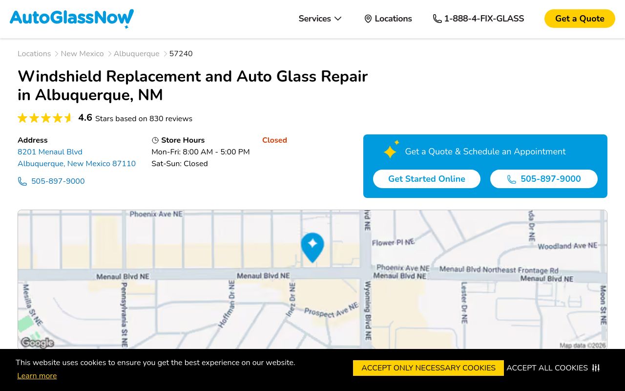 Homepage of Auto Glass Now's website