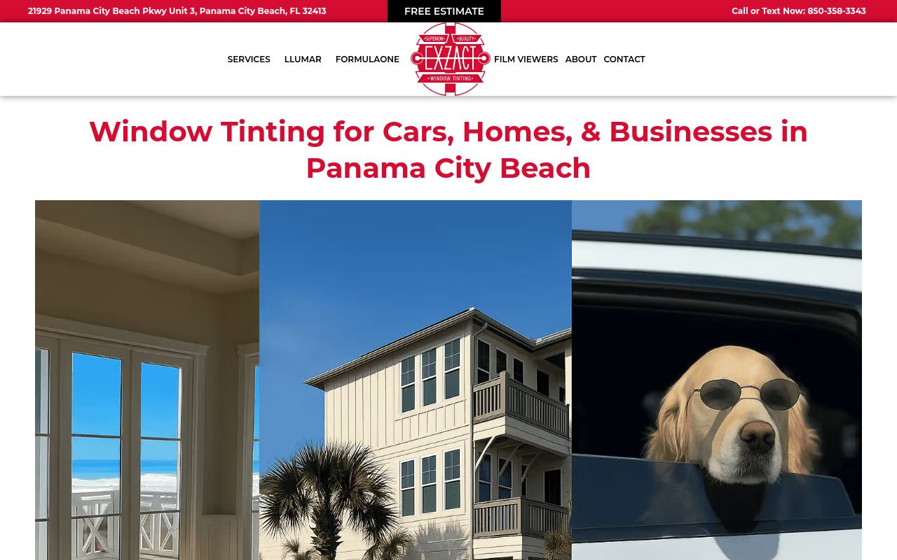 Homepage of Exzact Window Tinting's website
