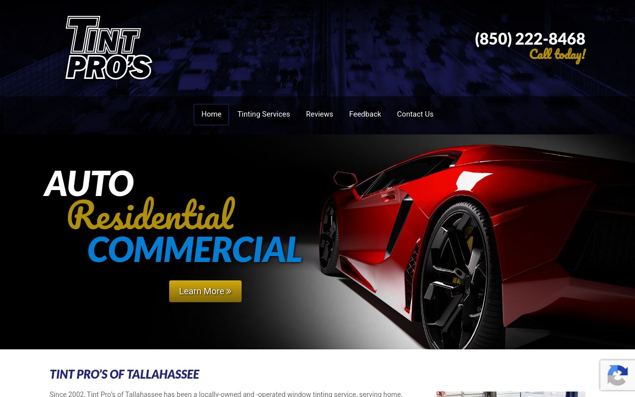 Homepage of Tint Pros of Tallahassee's website