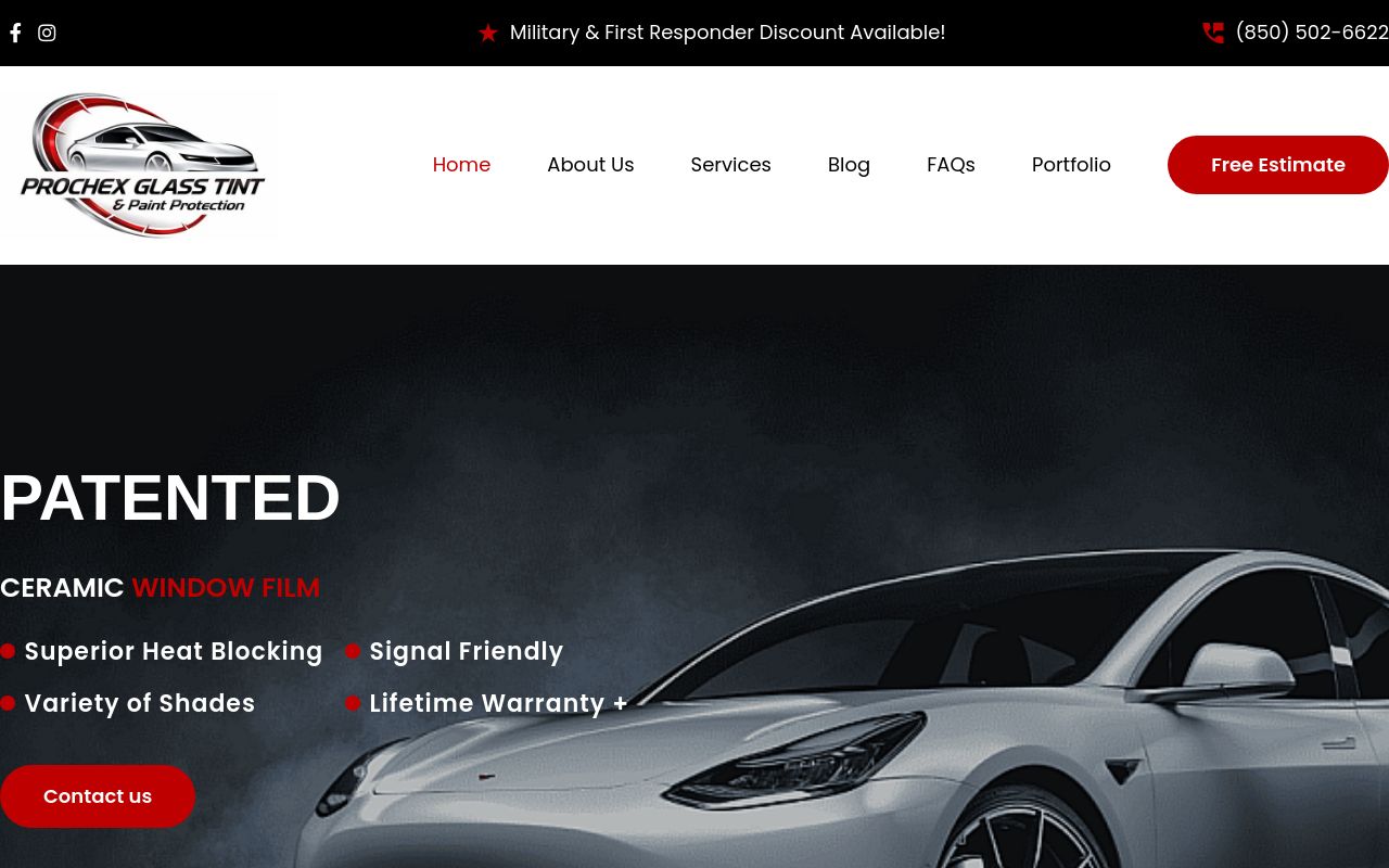 Homepage of Prochex Glass Tint & Paint Protection's website