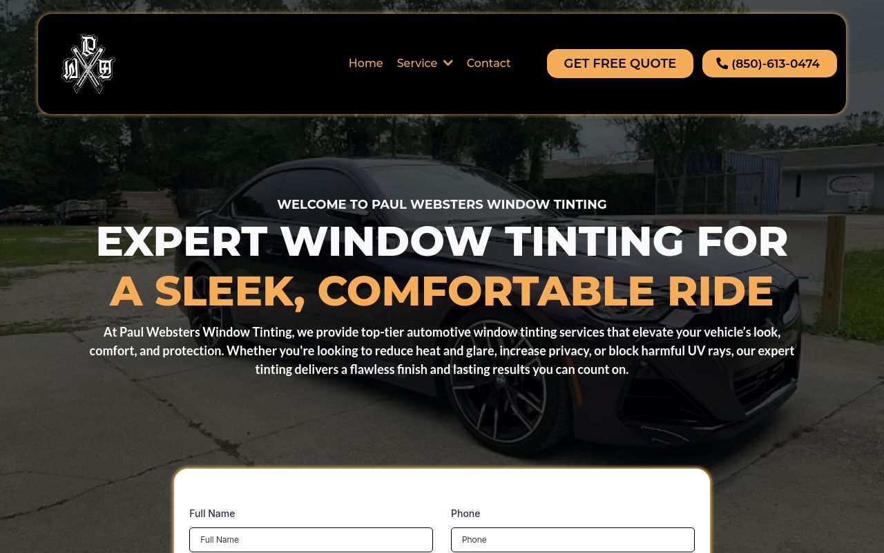 Homepage of Paul Websters Window Tinting's website