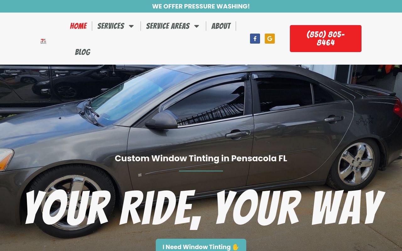 Homepage of T's Window Tinting's website