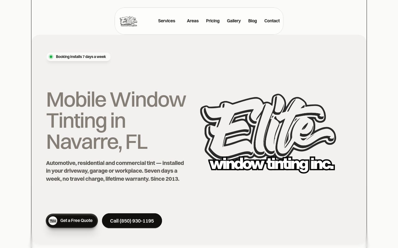 Homepage of Elite Window Tinting's website