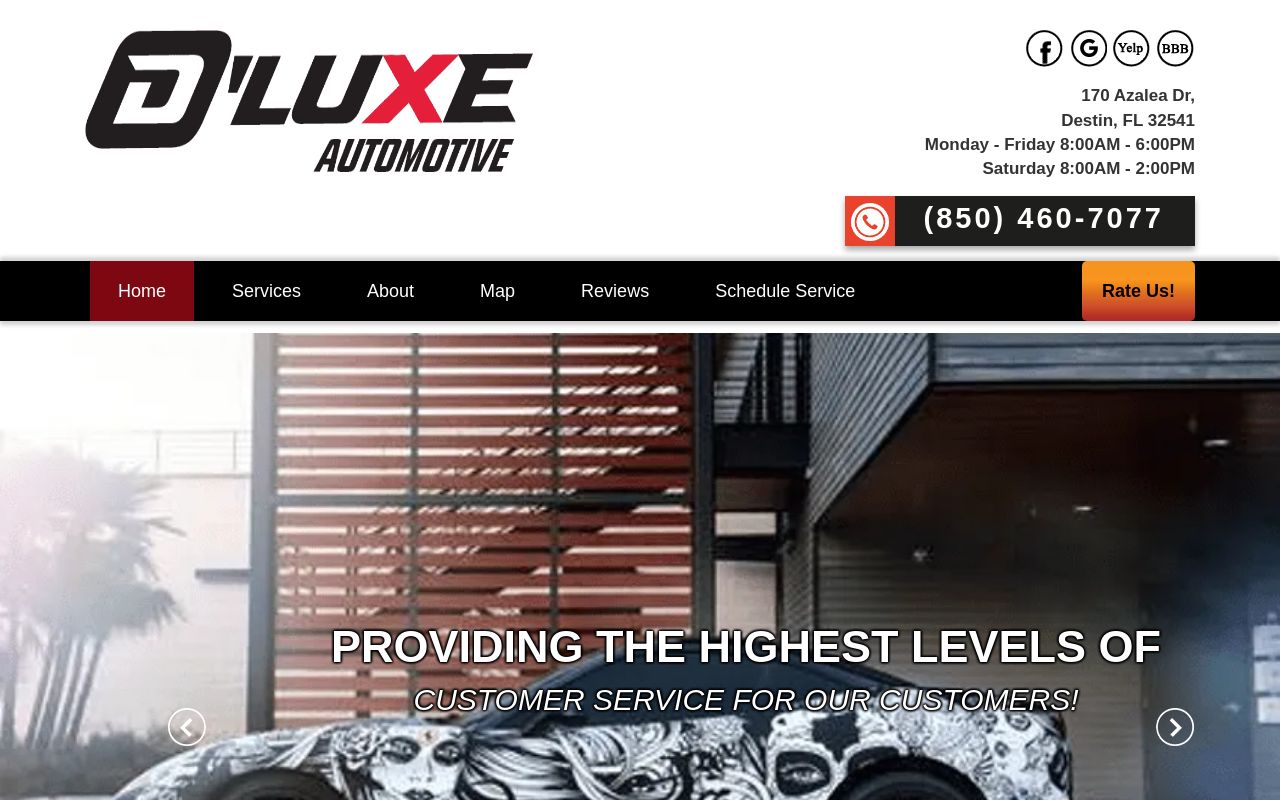 Homepage of D'luxe Automotive's website