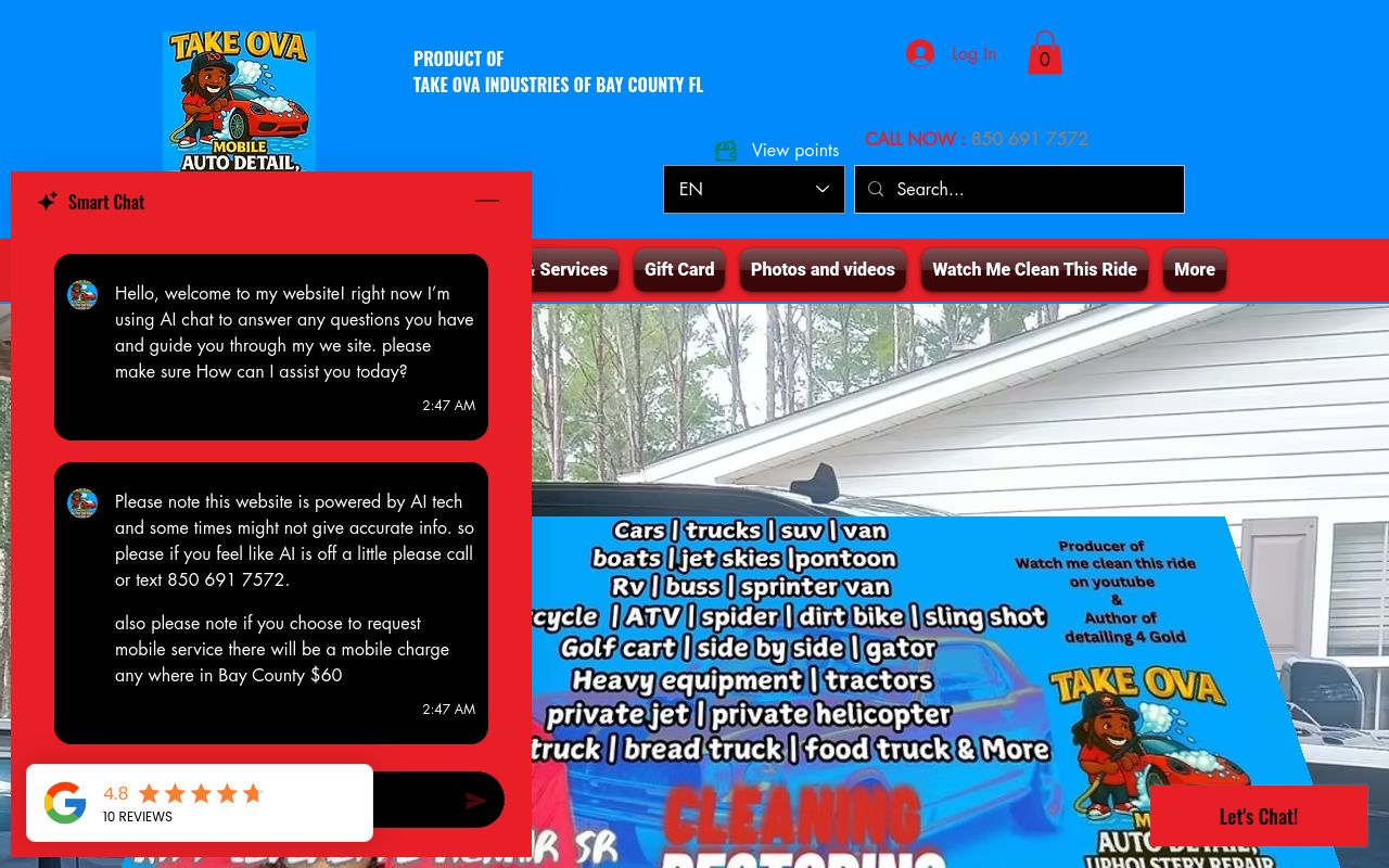 Homepage of TAKE OVA MOBILE CAR WASH & DETAIL SHOP LLC's website