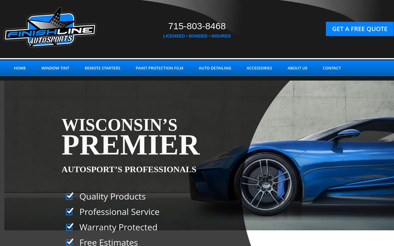 Homepage of Finish Line Auto Sports & Window Tinting's website