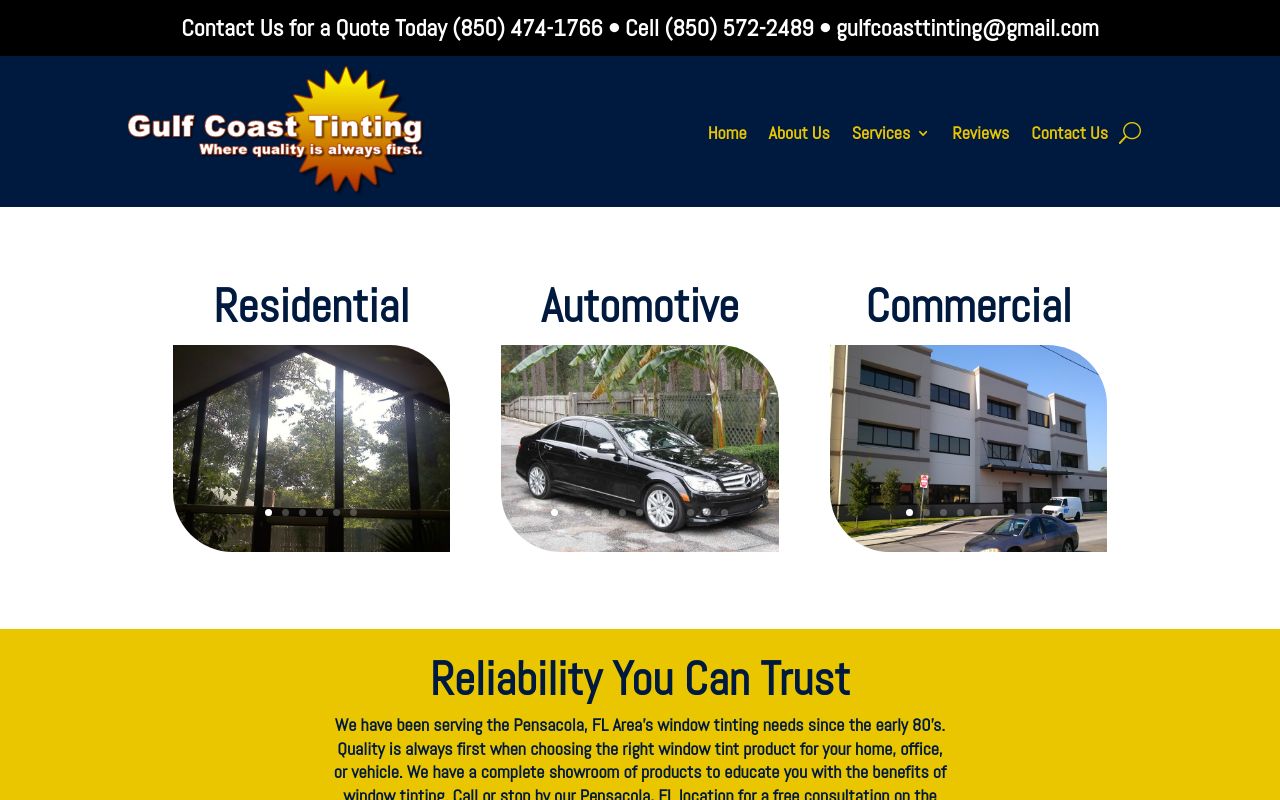 Homepage of Gulf Coast Tinting's website