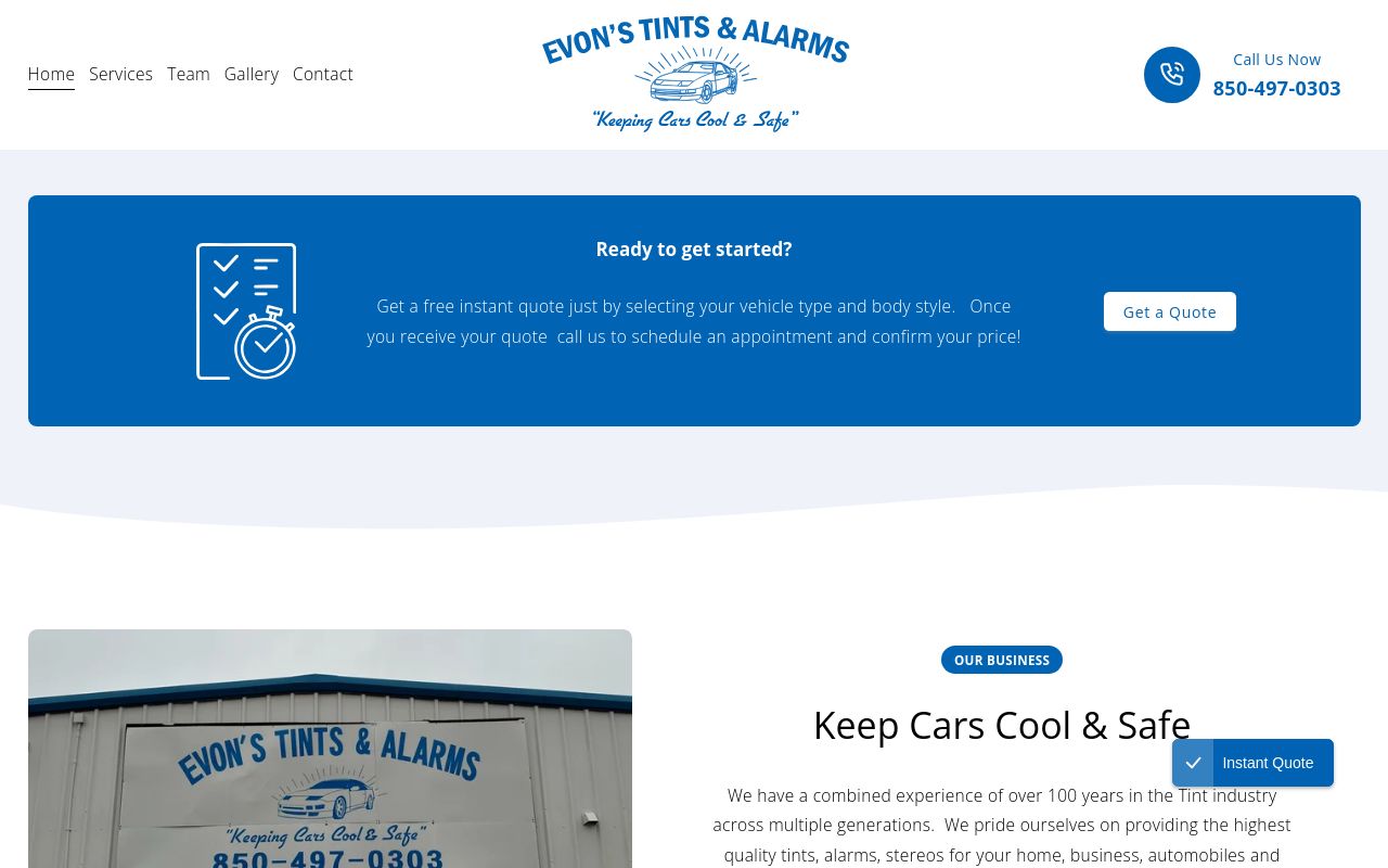 Homepage of Evon's Tints & Alarms's website