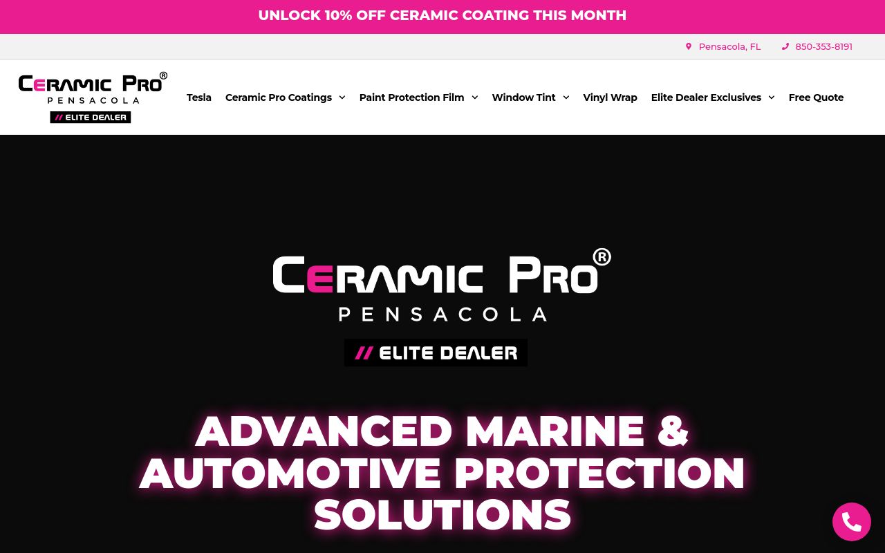 Homepage of Ceramic Pro Pensacola's website