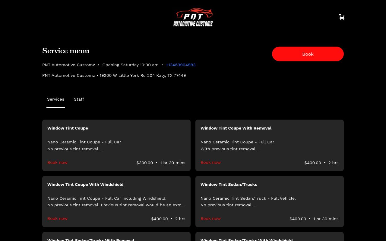 Homepage of PNT Automotive Customz's website