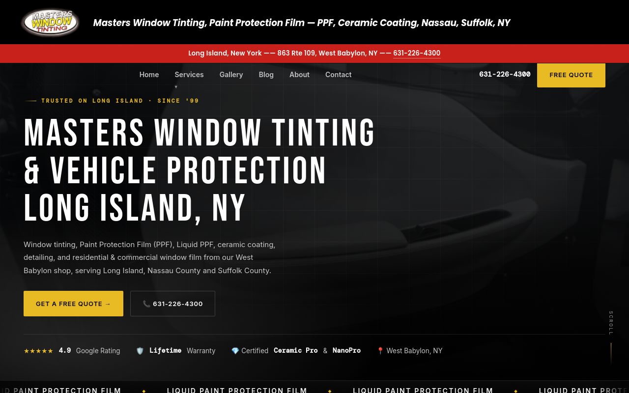 Homepage of Masters Window Tinting Ceramic Pro Long Island's website