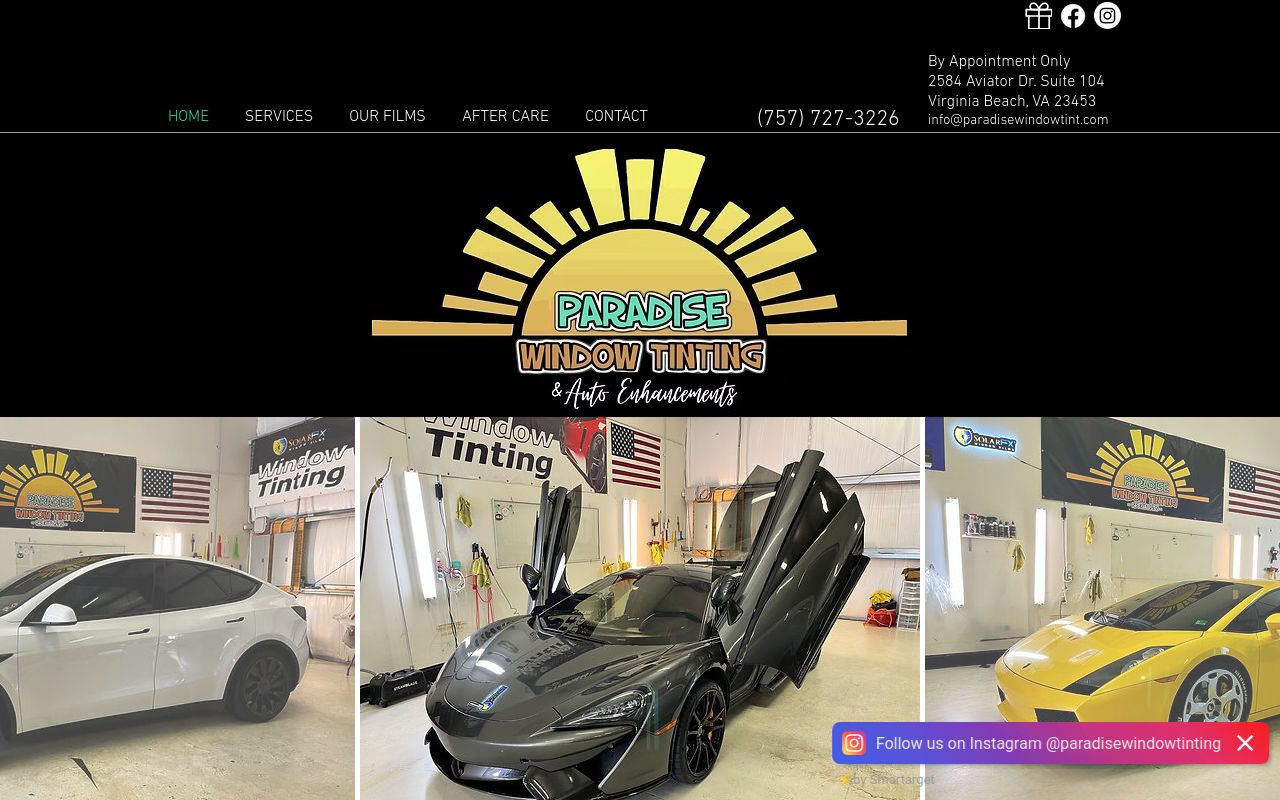 Homepage of Paradise Window Tinting's website
