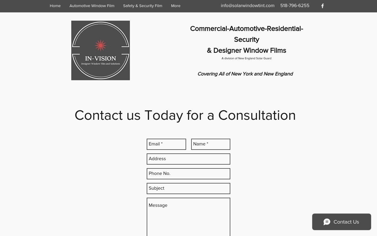 Homepage of Window Tint's website
