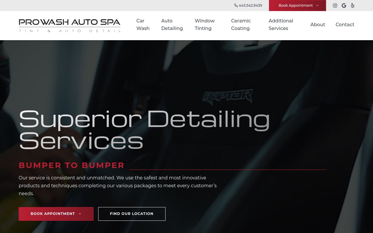 Homepage of Pro Wash Auto Spa / Sun Stoppers Columbia's website