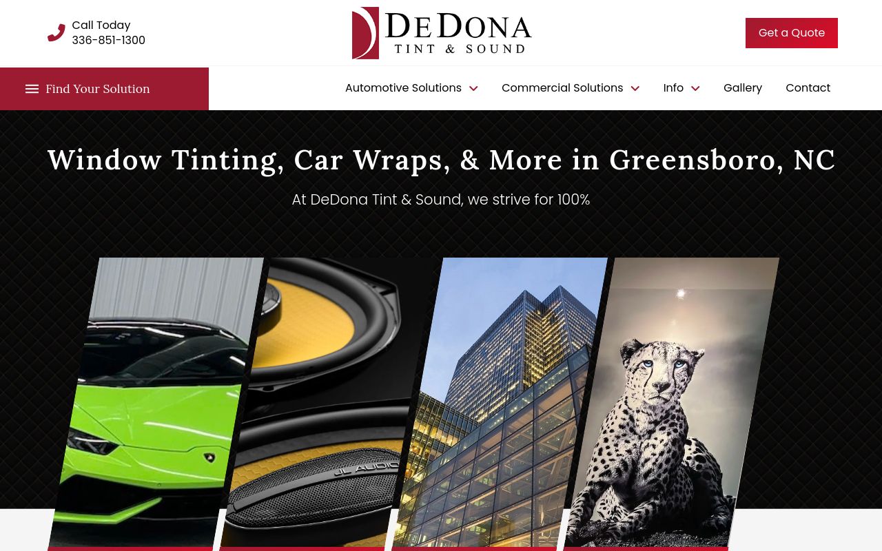 Homepage of DeDona Tint & Sound's website