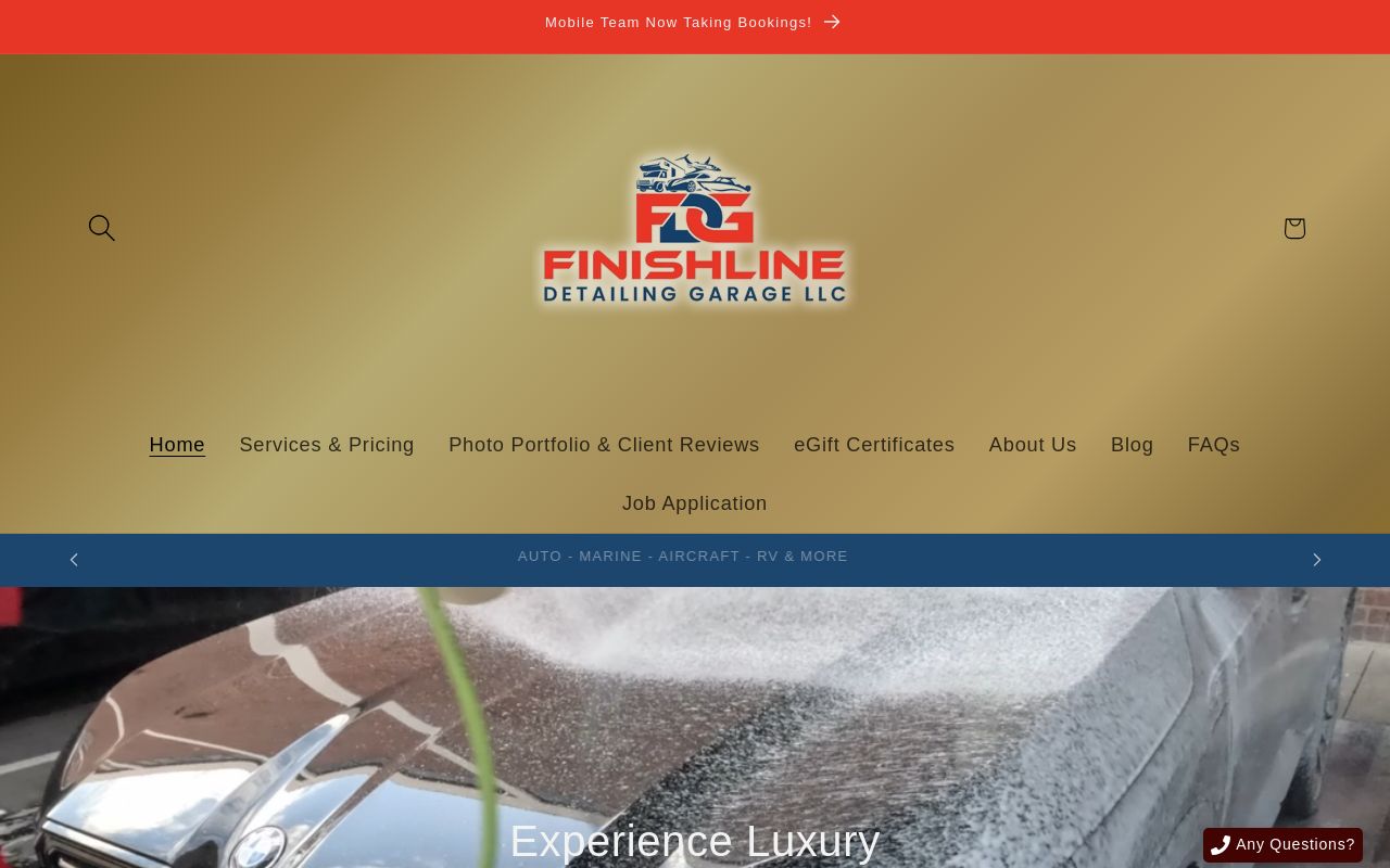 Homepage of Finishline Detailing Garage LLC's website
