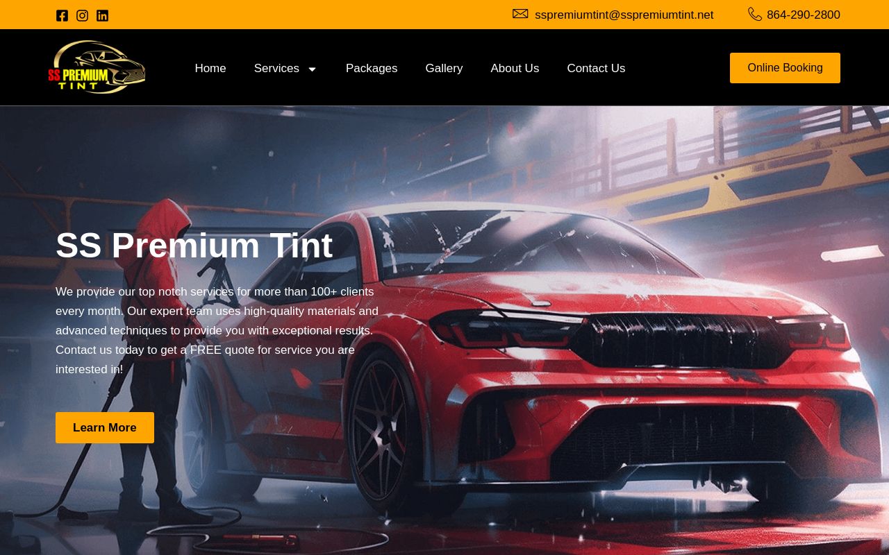 Homepage of SS Premium Tint's website