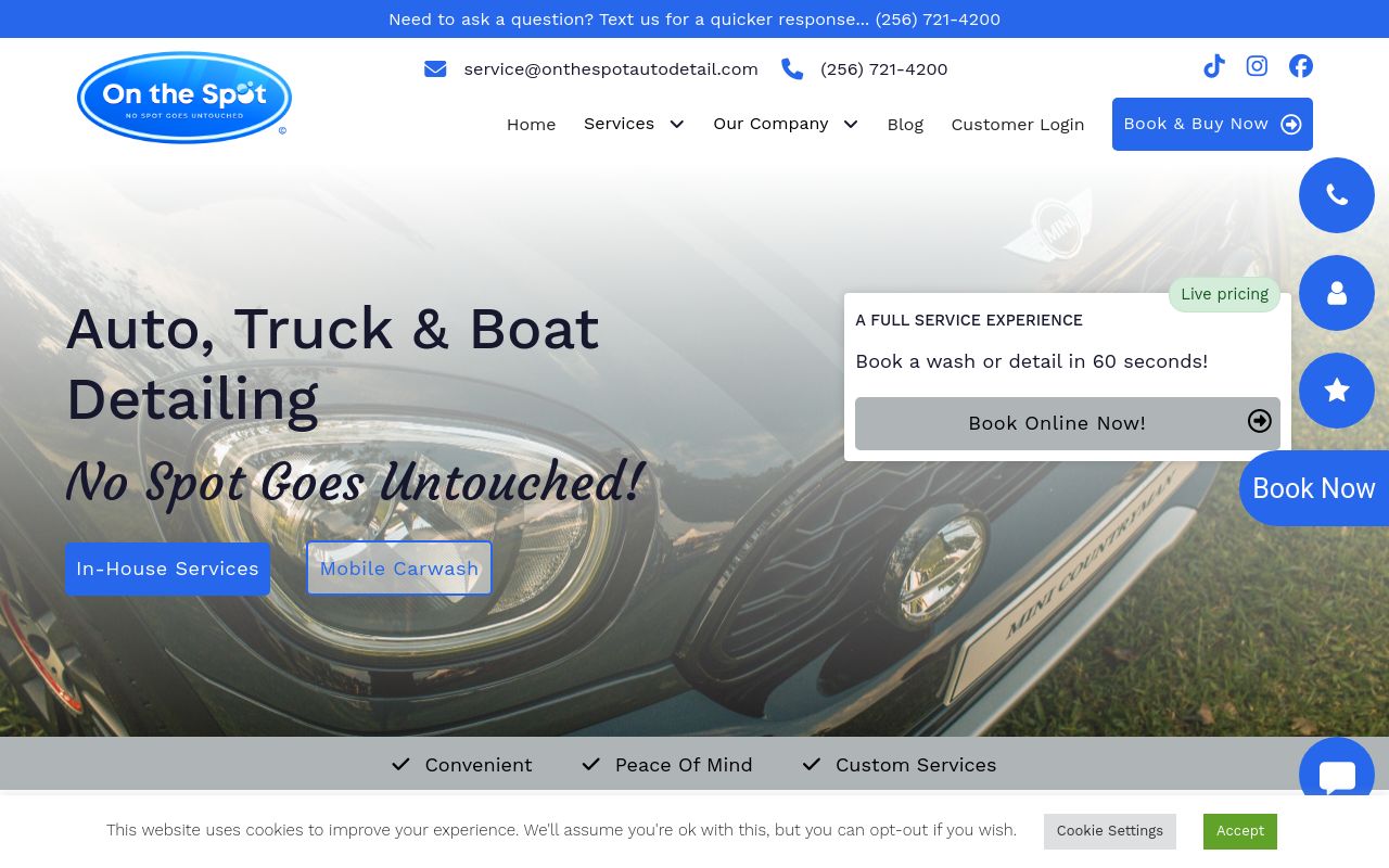 Homepage of On The Spot Hand Car Wash /Auto Detail's website