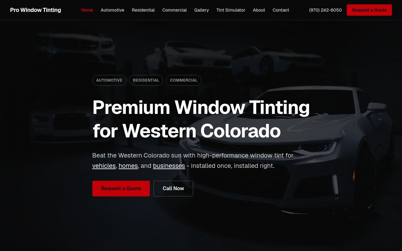 Homepage of Pro Window Tinting's website