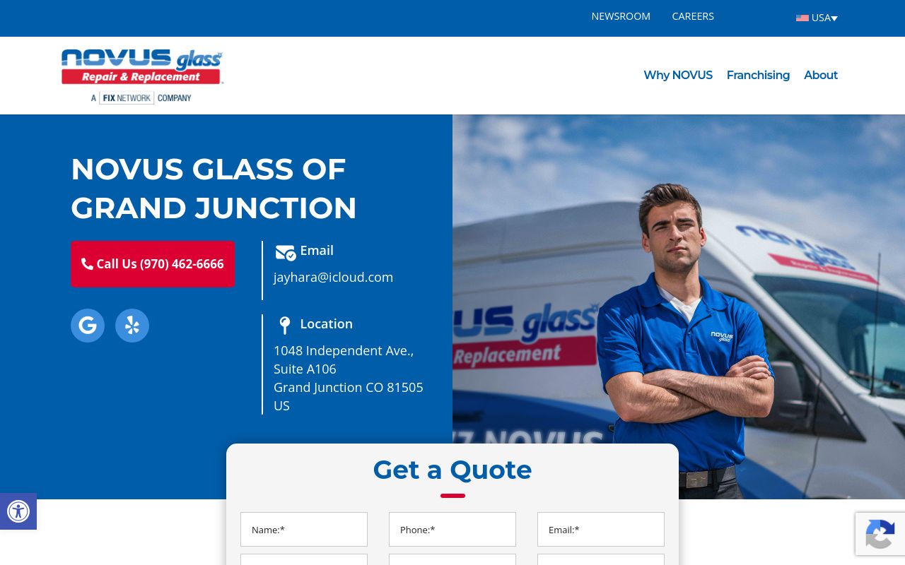 Homepage of Novus Glass's website