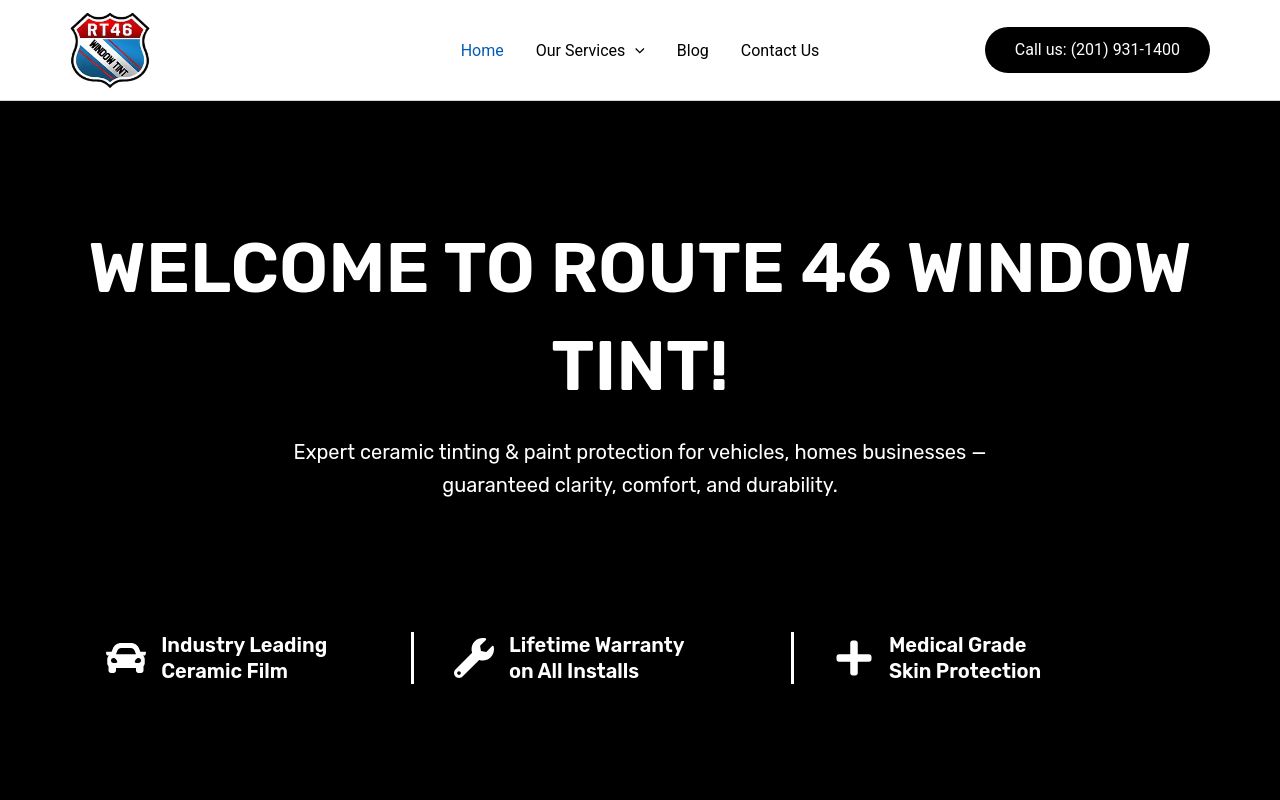 Homepage of Route 46 Window Tint's website