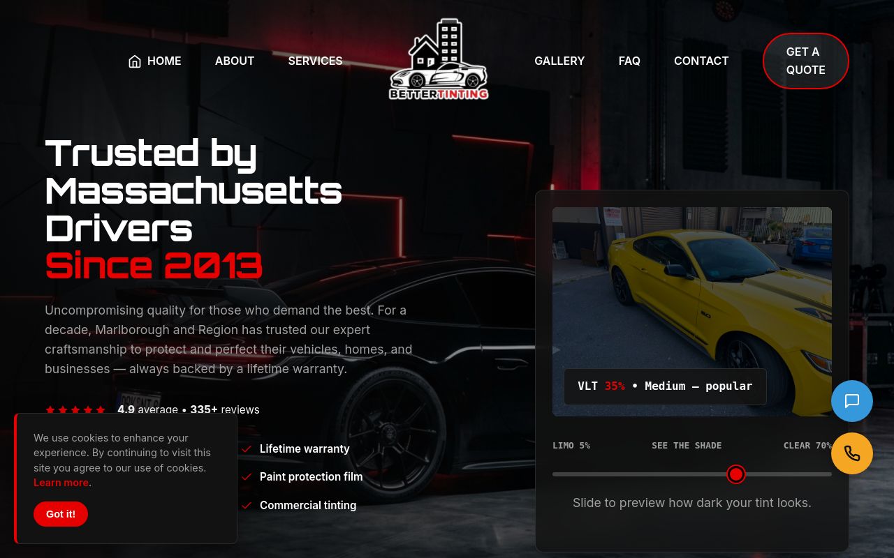 Homepage of Better Tinting's website