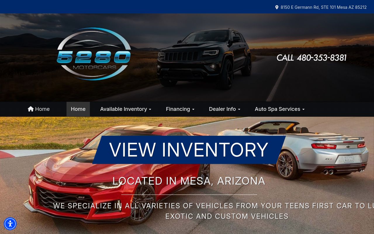 Homepage of 5280 Motorcars and Auto Spa's website
