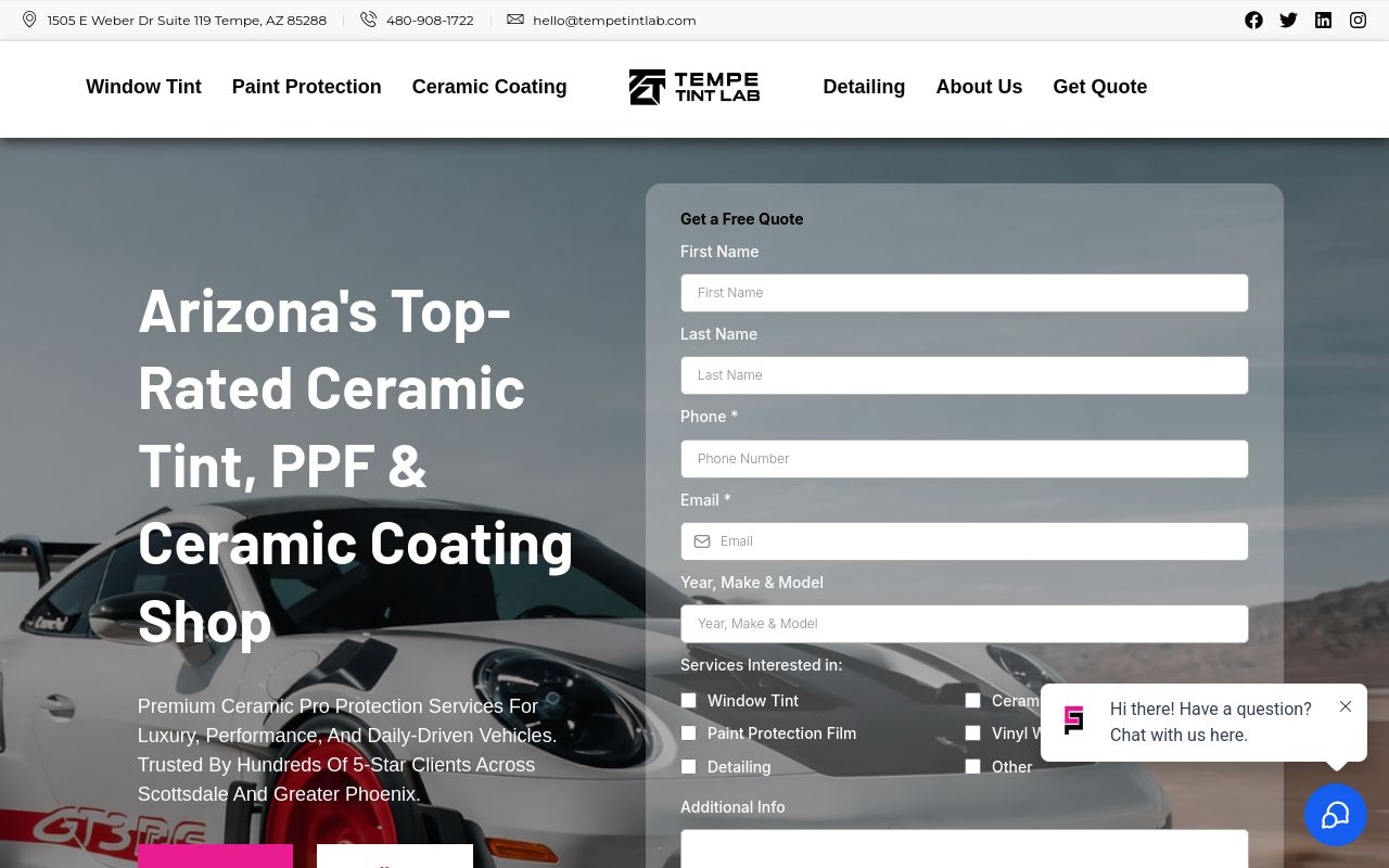 Homepage of Tempe Tint Lab - PPF, Tint & Ceramic Coating's website