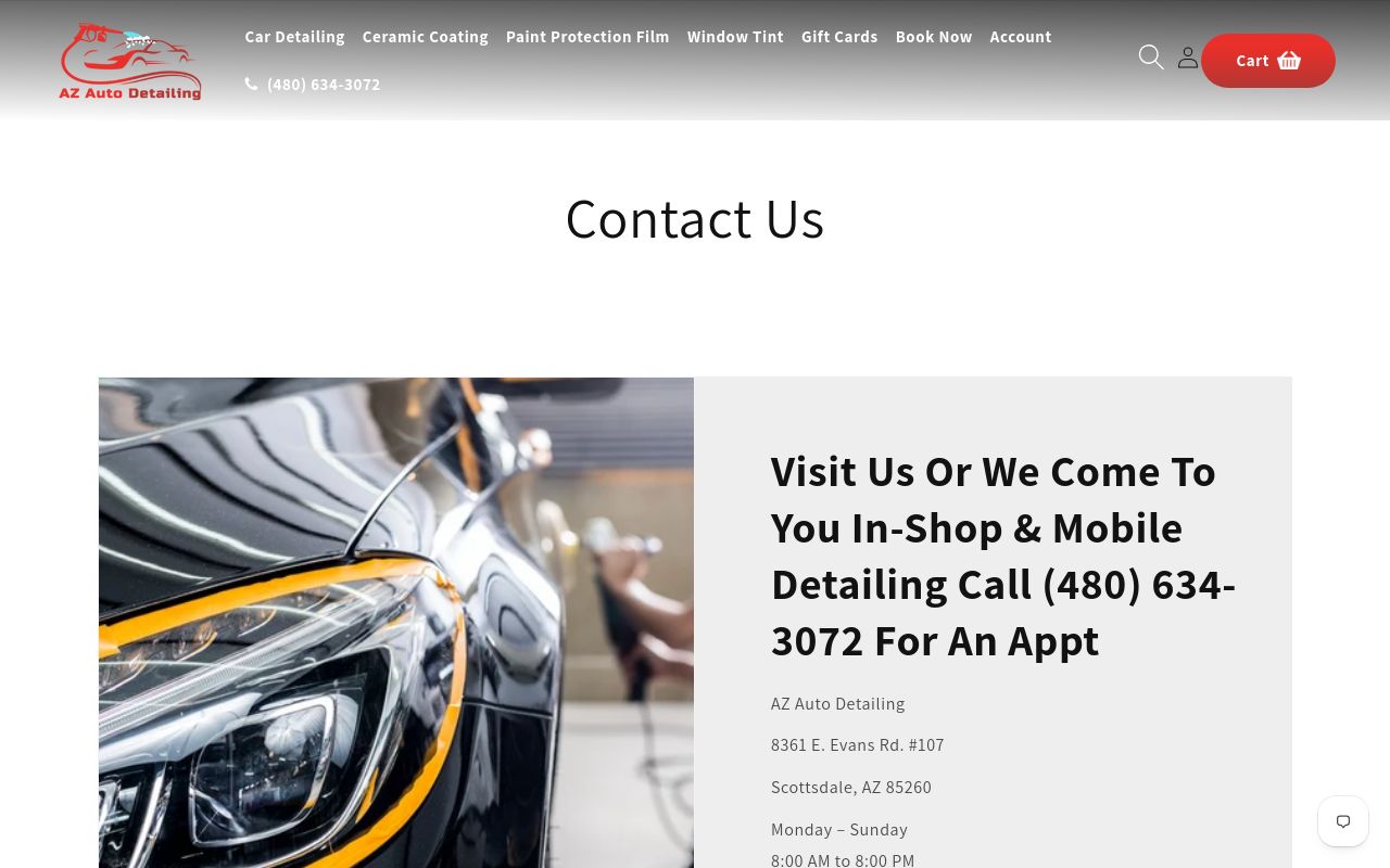 Homepage of AZ Auto Detailing's website