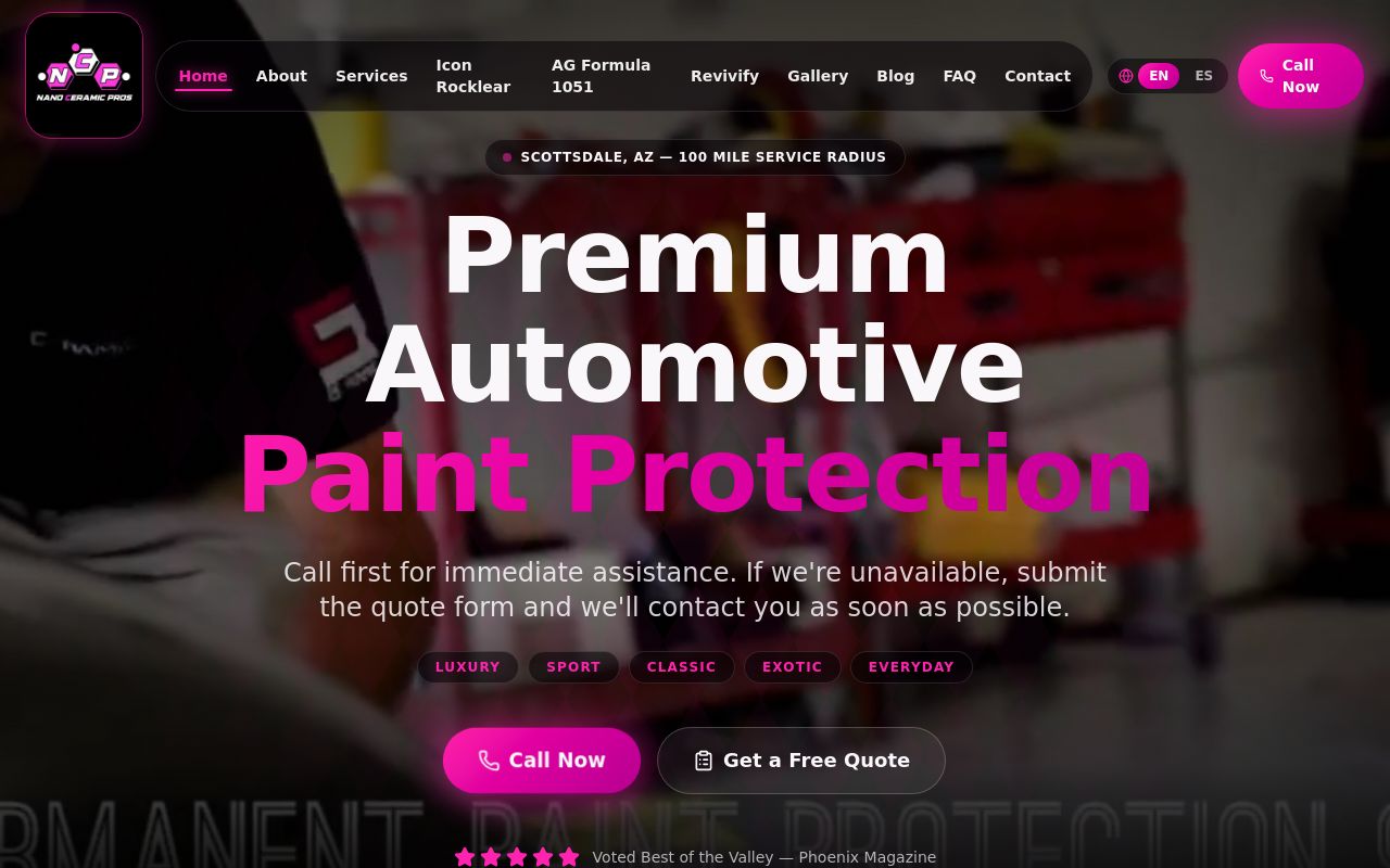 Homepage of Nano Ceramic Pros's website