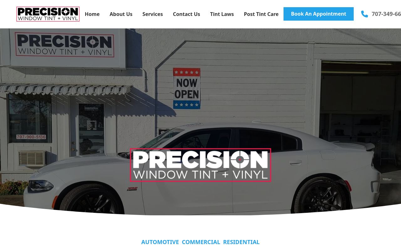 Homepage of Precision Window Tint + Vinyl's website
