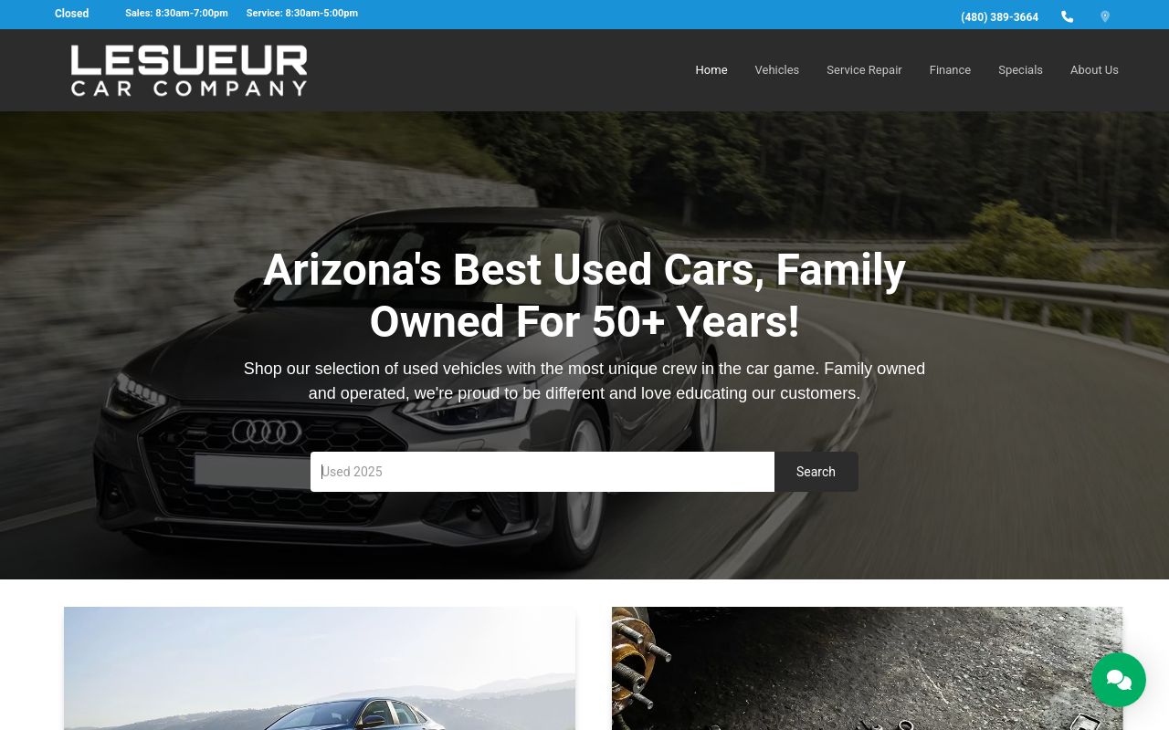 Homepage of LeSueur Car Company's website